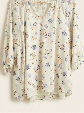 Daily Thread Floral 3/4 Sleeve Blouse with Tie-Neck - Size Large
